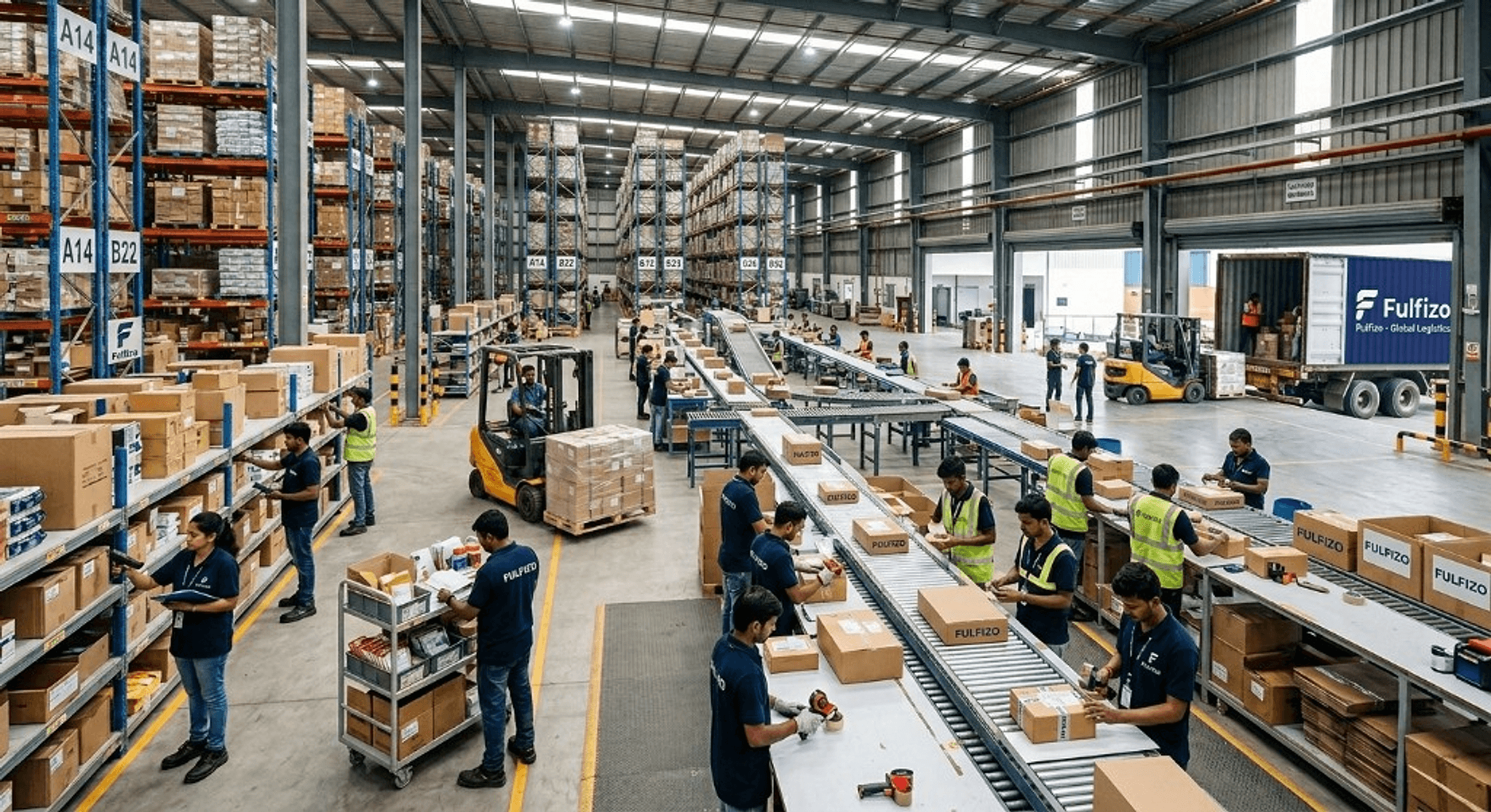 Fulfizo warehouse fulfillment floor with packing lines and branded shipping